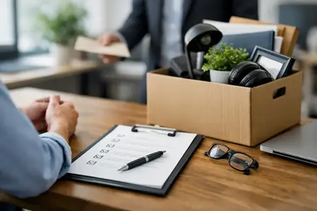 A cardboard box filled with office belongings—such as a desk lamp, plant, headphones, framed photo, and folders—sits on a desk beside a checklist and glasses, while another person hands over paperwork in the background, illustrating a Small Business Termination Process