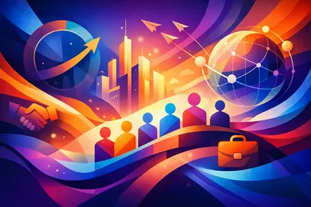 Vibrant neon abstract artwork with upward arrows, global and business icons, a handshake, and a skyline, visually reflecting Future Workplace Policy Trends.
