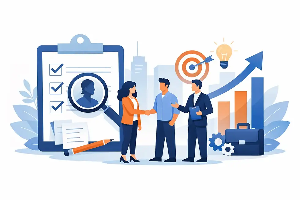 llustration of three team members shaking hands surrounded by hiring icons—a checklist, profile search, target, growth chart, briefcase, and gears—highlighting HR Business Partners’ Small Business Hiring Checklist.