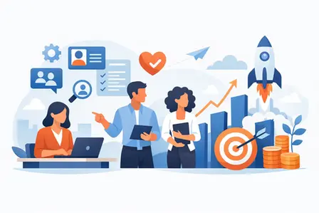 Business team working with a laptop and charts, surrounded by rocket launch, target, coins, and growth icons in a bright blue‑orange startup scene, representing HR Business Partners and Best HR Tools for Startups.