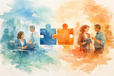Artistic watercolor of two teams in contrasting hues connecting through central puzzle pieces, visually expressing the idea behind “PEO Versus Outsourced HR: Which Fits?”