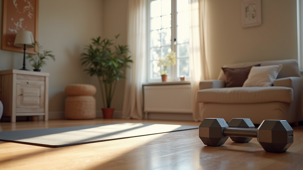 Wide angle view of a cozy home workout space with a yoga mat and weights
