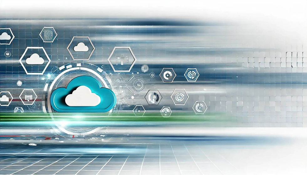 A tech-driven image illustrating faster claims settlement through cloud solutions. The design features cloud icons, data flows, and digital networks, symbolizing the role of cloud technology in streamlining claims processes. The color palette includes tones of blue, grey, and teal, highlighting speed, efficiency, and technological innovation.