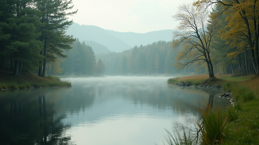 Close-up view of a serene nature scene with a calm lake and surrounding trees