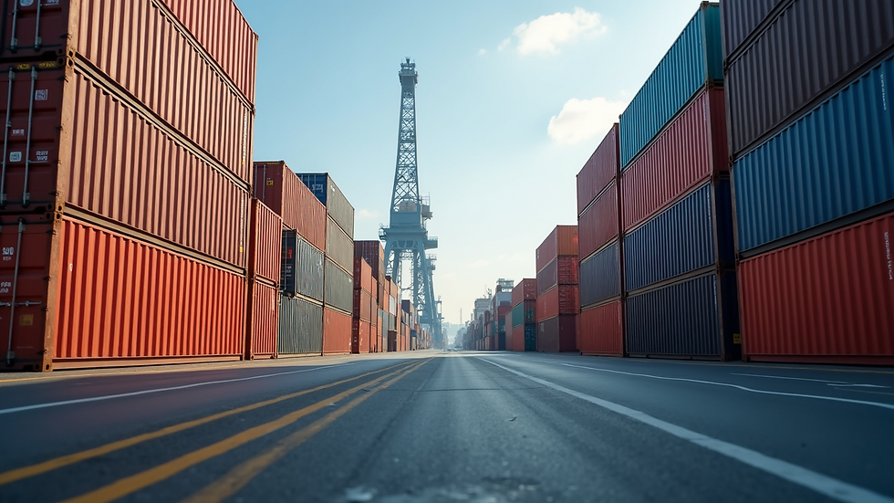 Eye-level view of a large shipping port with containers stacked