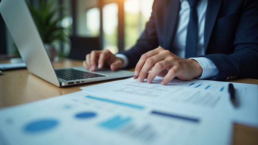 Close-up view of a businessperson reviewing international shipping documents