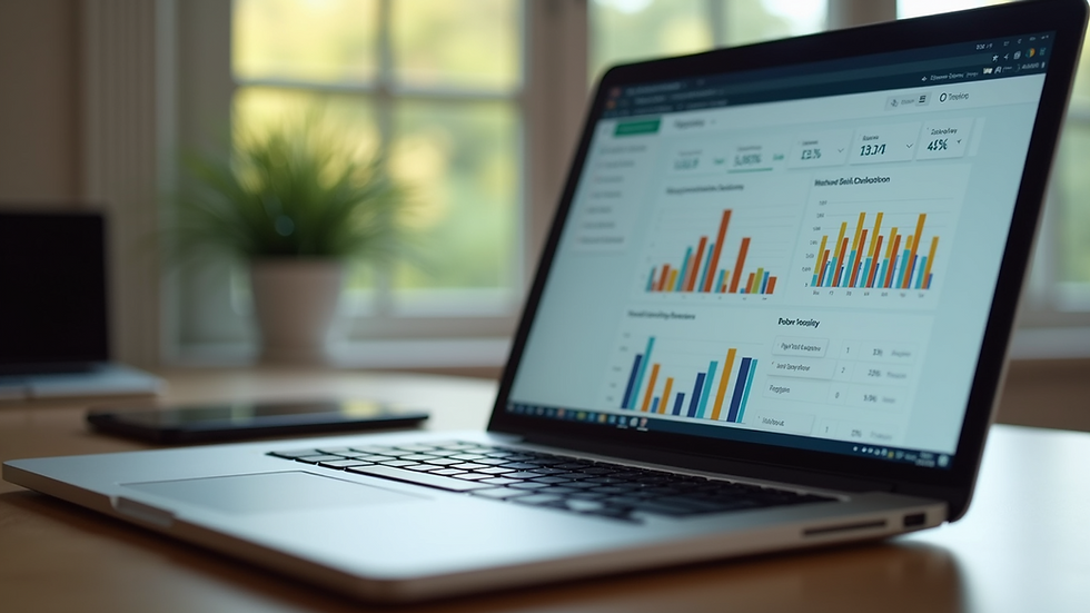 Eye-level view of a laptop screen showing a bookkeeping dashboard