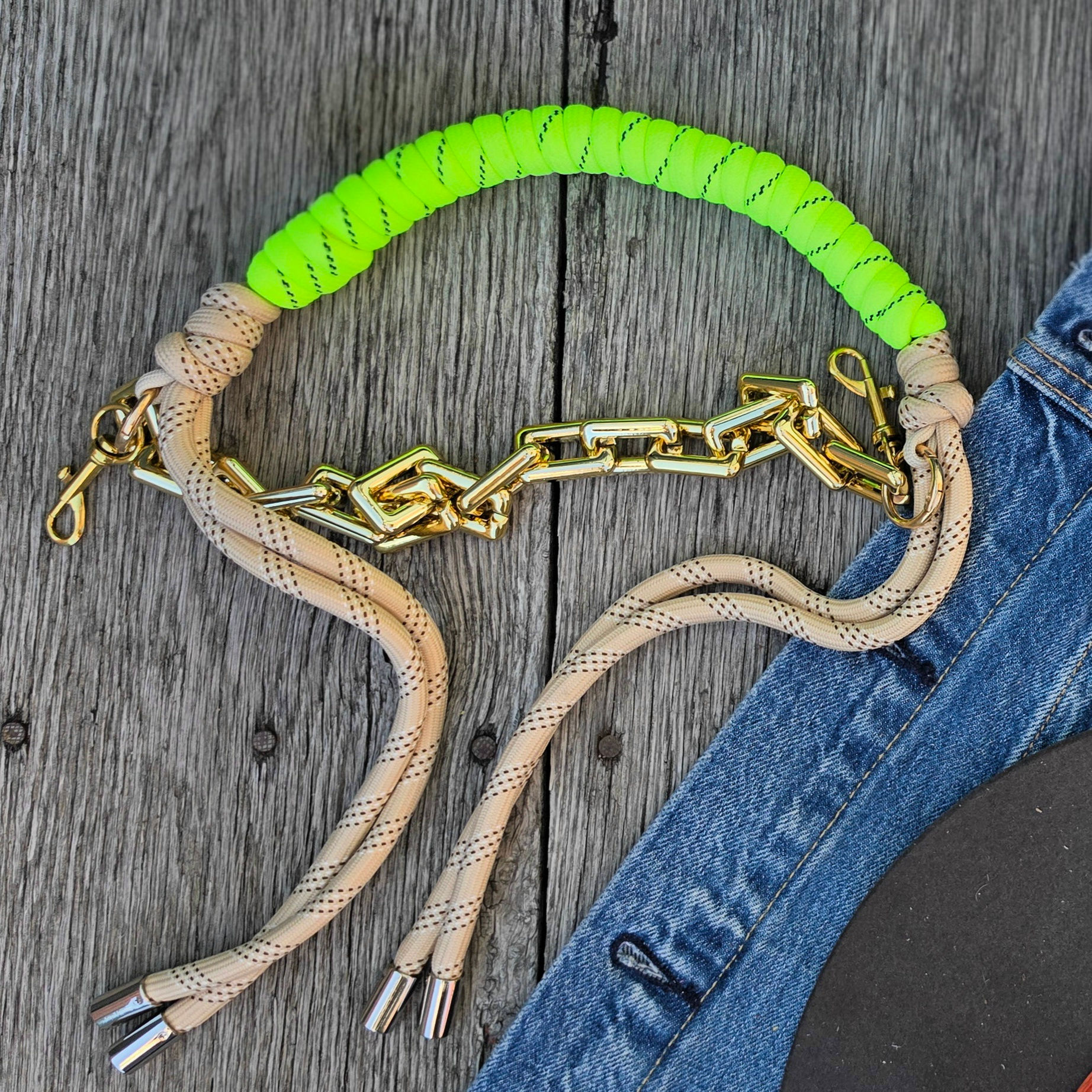 Rope handle and chain - Lime green/ tan