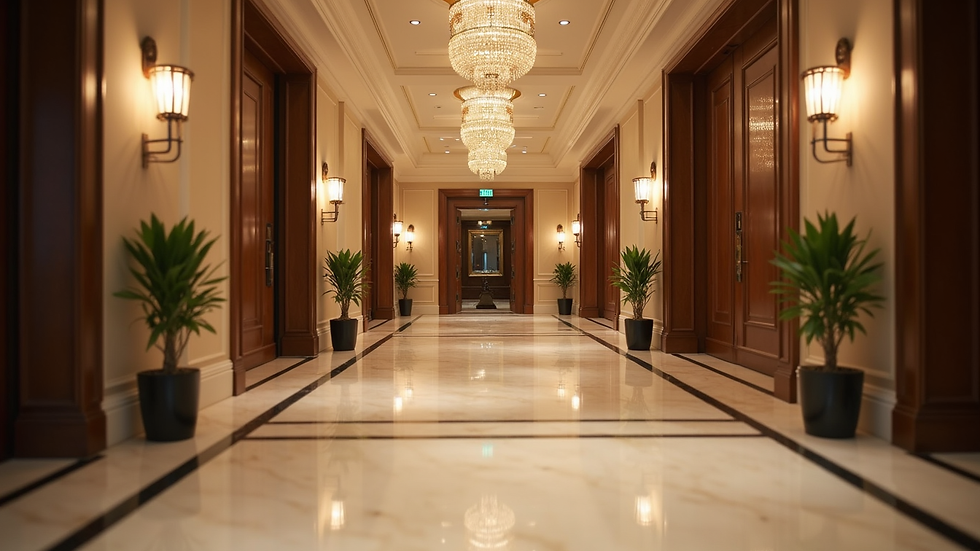 Eye-level view of a luxury hotel lobby with elegant decor