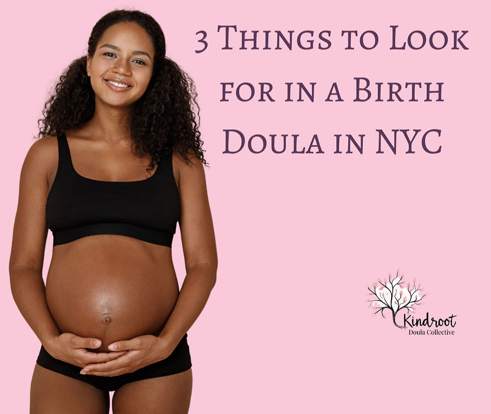 A black pregnant mom wearing a black bra with the words around her 3 Things to look for in a birth doula in New York