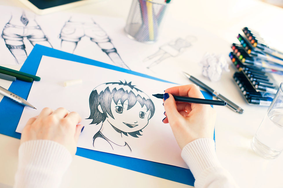 Person Drawing Anime Sketch of a smiling dark haired girl with sparkling eyes.