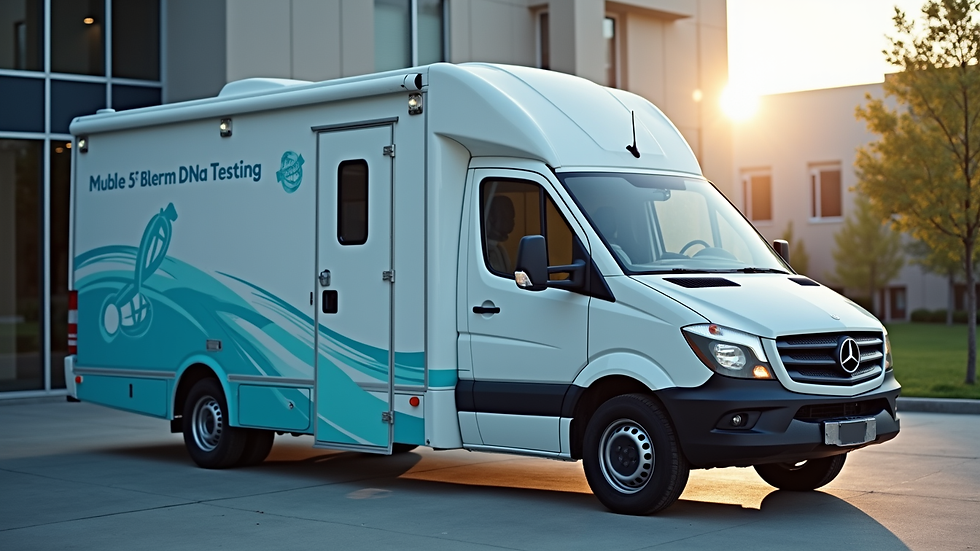 Eye-level view of a mobile DNA testing lab van parked outside a building