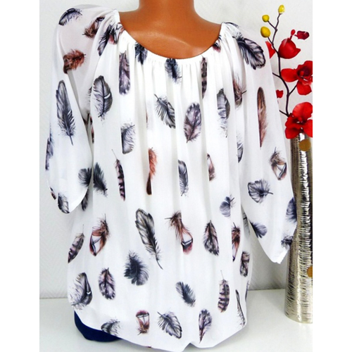 Thumbnail: womens tops and blouses Long Sleeve Feather Print Lace Up V-Neck Off Shoulder