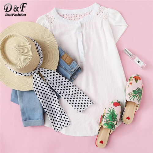 Thumbnail: Dotfashion Eyelet Embroidered Panel Blouse 2018 White Button Band Collar Cap