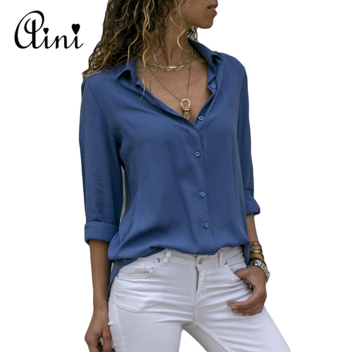 Thumbnail: Plus Size Women Tops and Blouses 2018 Autumn Elegant Long Sleeve Solid V-neck