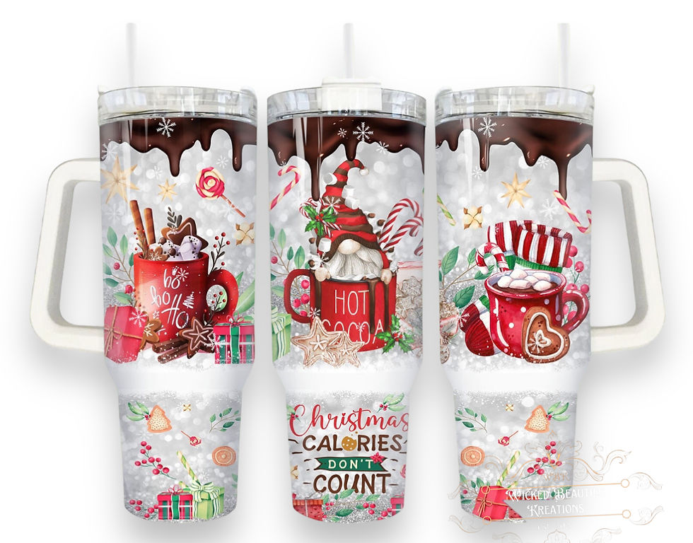 Three Christmas tumblers with âHot cocoaâ designs saying, âCalories donât countâ WBK