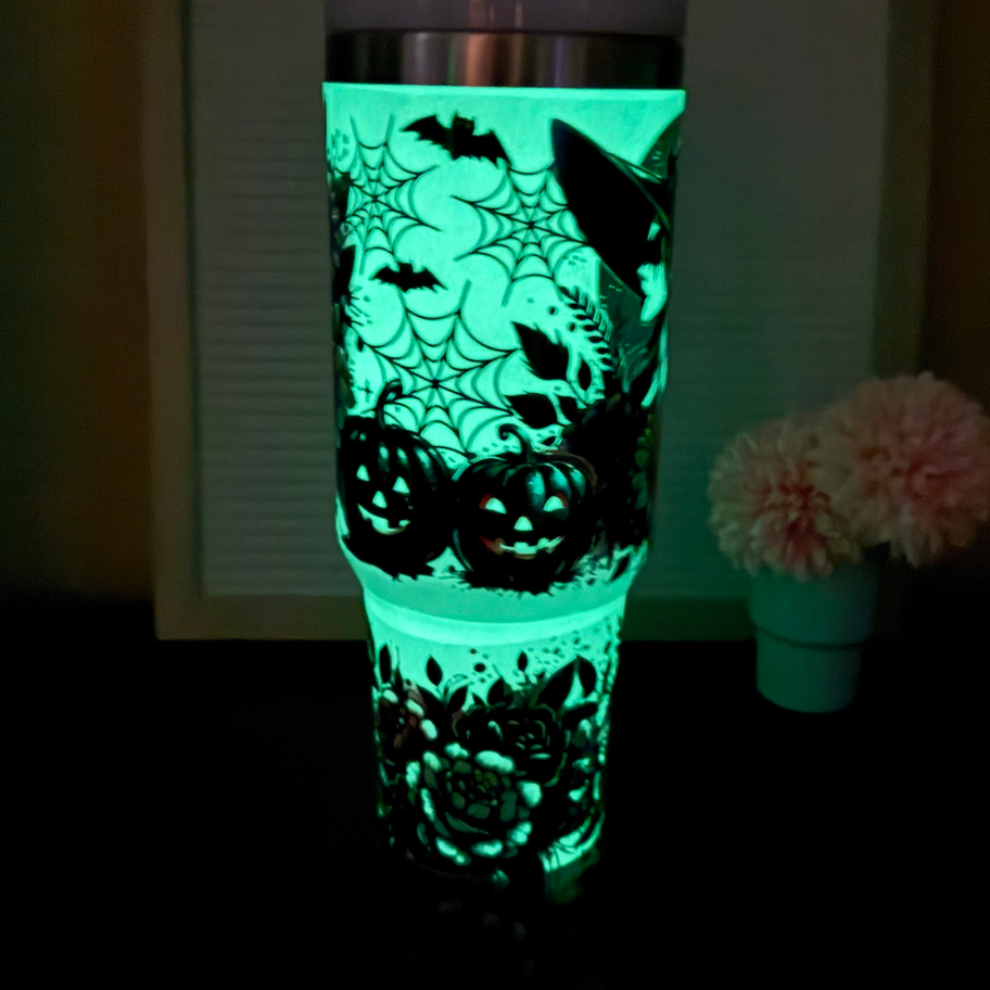 Glow-in-the-dark Halloween tumbler with pumpkins and spiderwebs, 25oz Sweet Crystal Glass Tumbler.