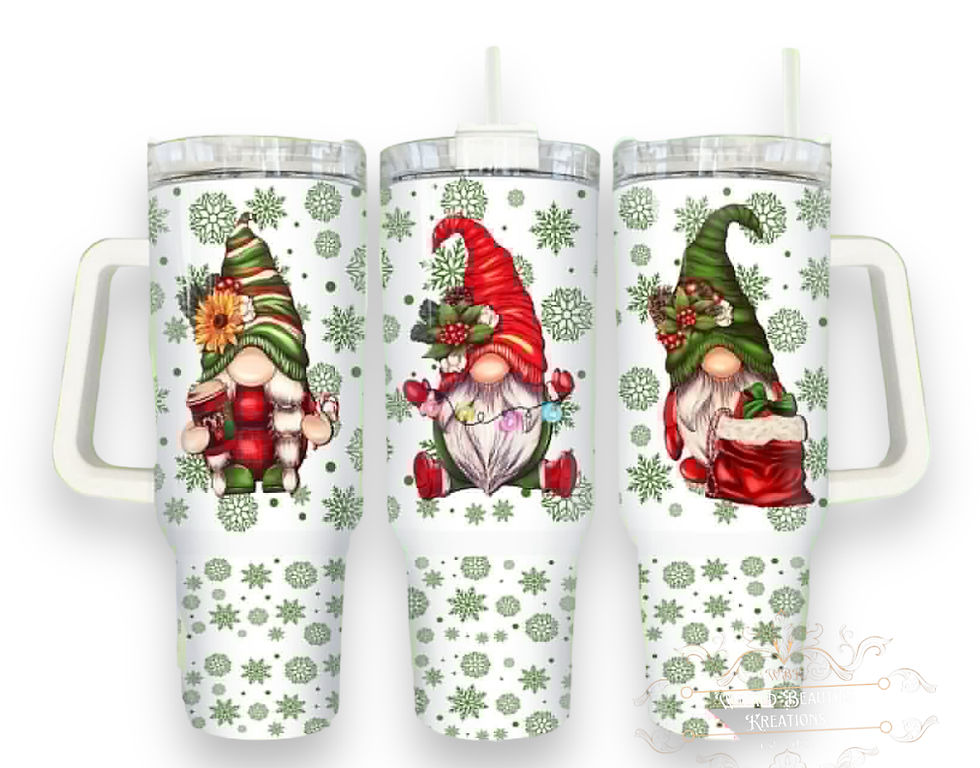 Three festive gnome tumblers with snowflakes, green and red hats. WBK