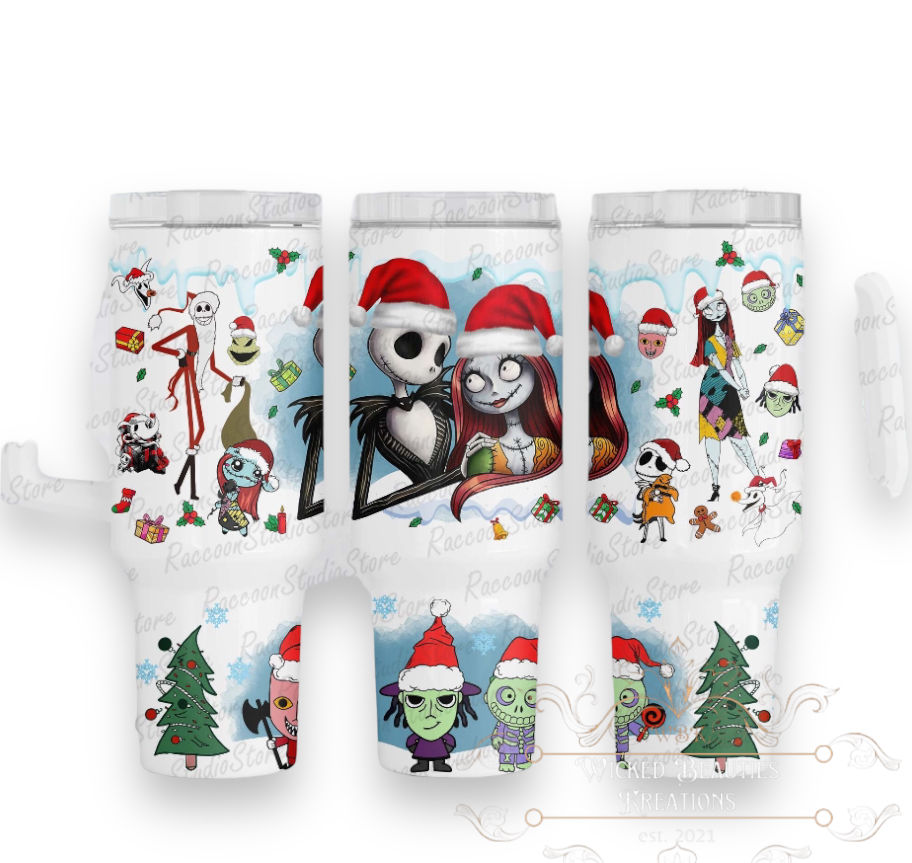 Nightmare Before Christmas tumblers with Jack and Sally holiday design WBK