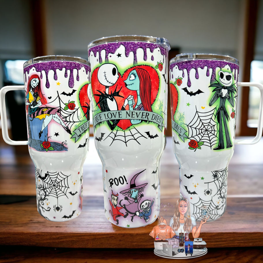 Three Nightmare Before Christmas themed tumblers, matching designs, WBK