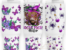 Trio of tumblers: left with purple butterflies and flowers; center with a cow in a witch hat, text "Hocus Pocus Heifer"; right with spiders and potion bottles.