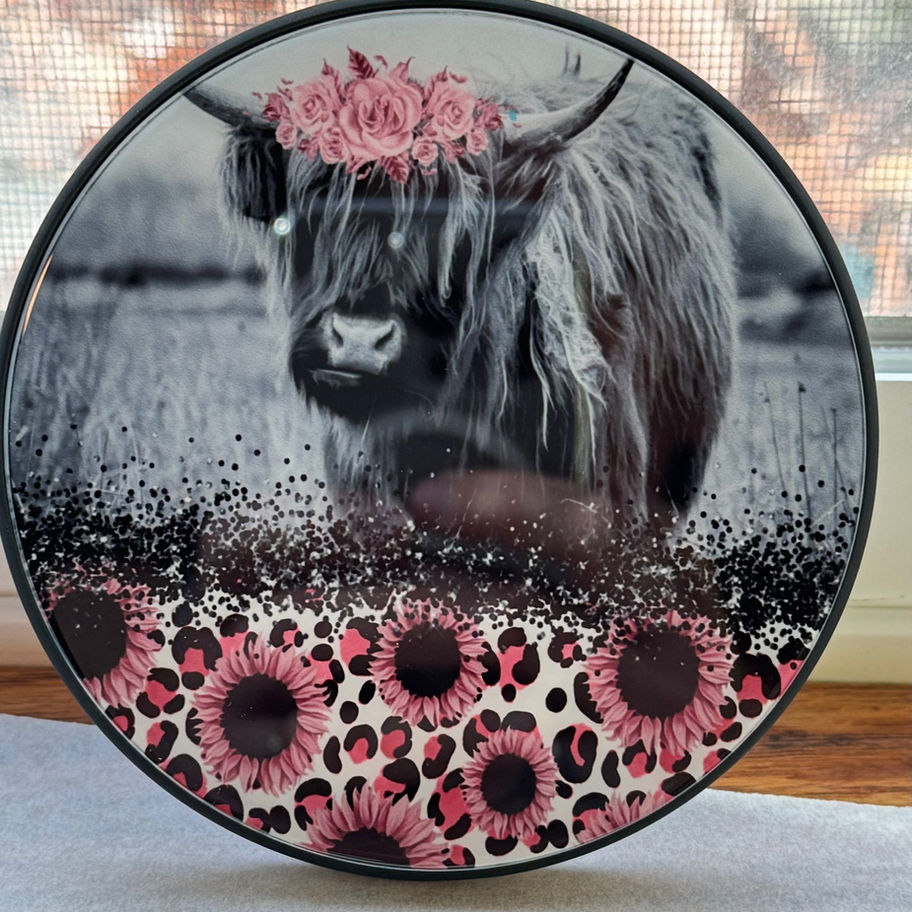 Highland cow art with pink flower crown and leopard print sunflowers WBK