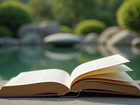 A close-up view showcasing an open book on a tranquil Zen garden