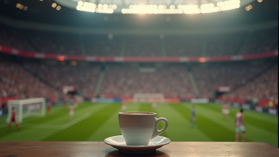 Zijaanzicht van een espressokopje naast een voetbalwedstrijd op tv