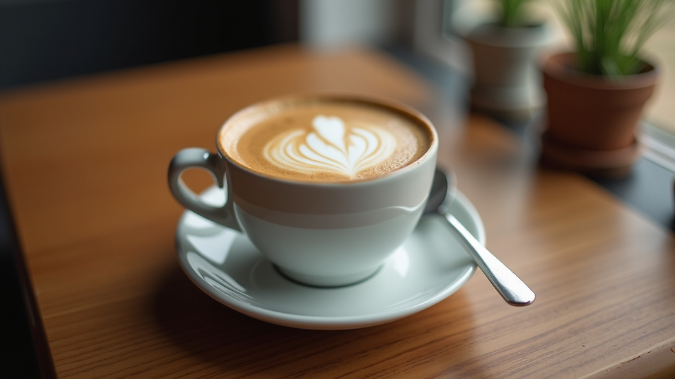 Eye-level view van een kopje koffie met crema op een houten tafel