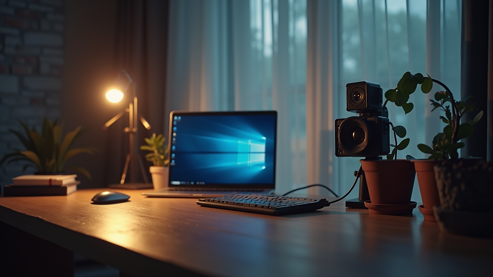 Plano medio de un escritorio con cámara web y luces para transmisión en vivo
