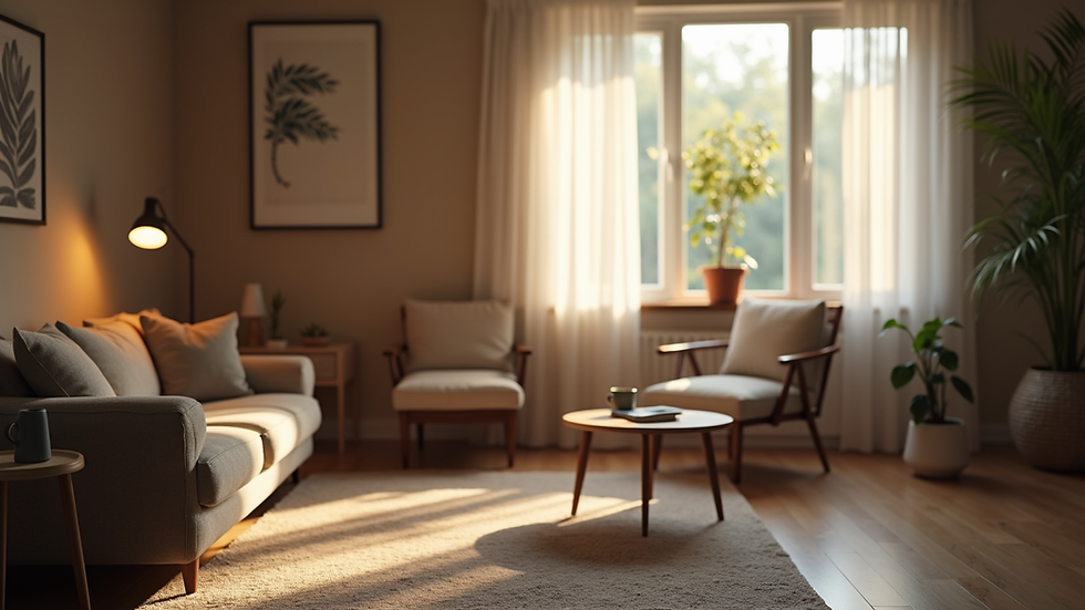 Vista a nivel de ojo de una habitación acogedora con equipo de webcam profesional