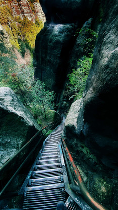 A ladder descending dramatically in Saxon Switzerland landscape with stones and cliffs 
