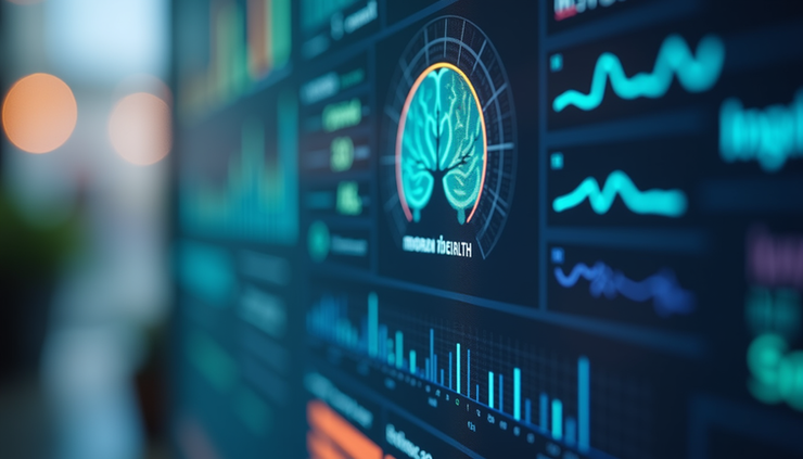 Close-up view of a digital dashboard showing mental health metrics and support options