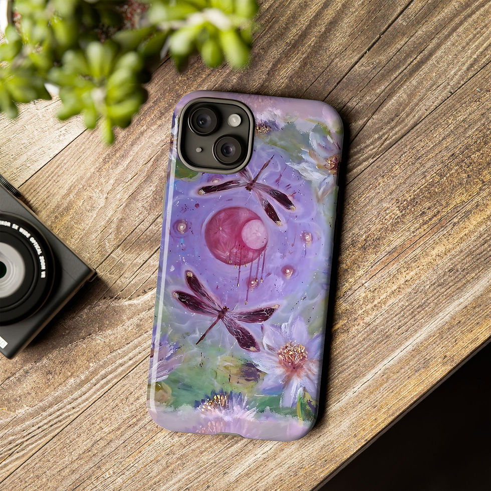 Thumbnail: Purple floral dragonfly phone case on wooden table, aesthetic lavender iPhone case design