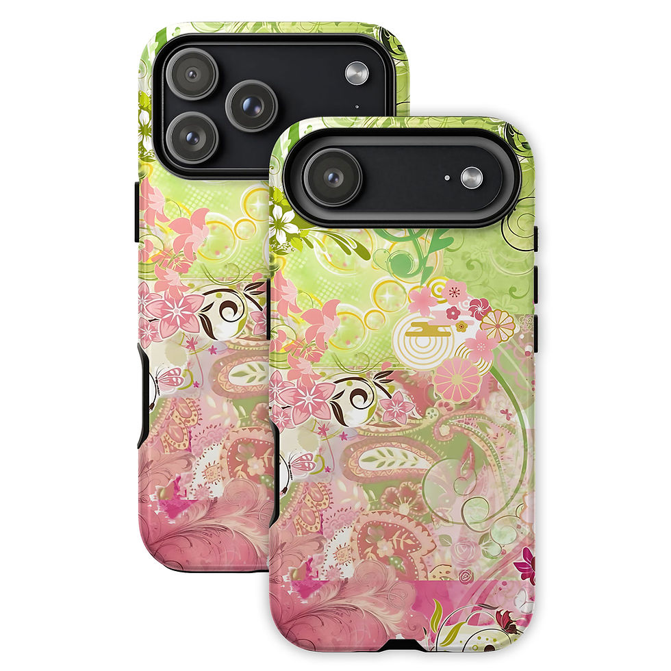 A vibrant pastel paisley floral phone case featuring a colorful Y2K style scrapbook collage with pink flowers, lime green bac