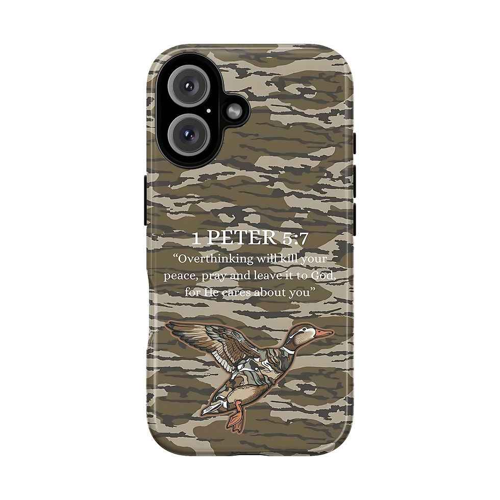 Thumbnail: The 1 Peter 5:7 Tiger Stripe camo case displayed in a rustic outdoor-themed setting.
