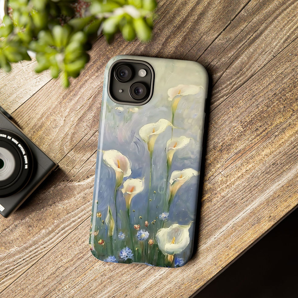 Thumbnail: A flat-lay display of two smartphone cases from an impressionist calla lily phone case collection featuring a textured vintag