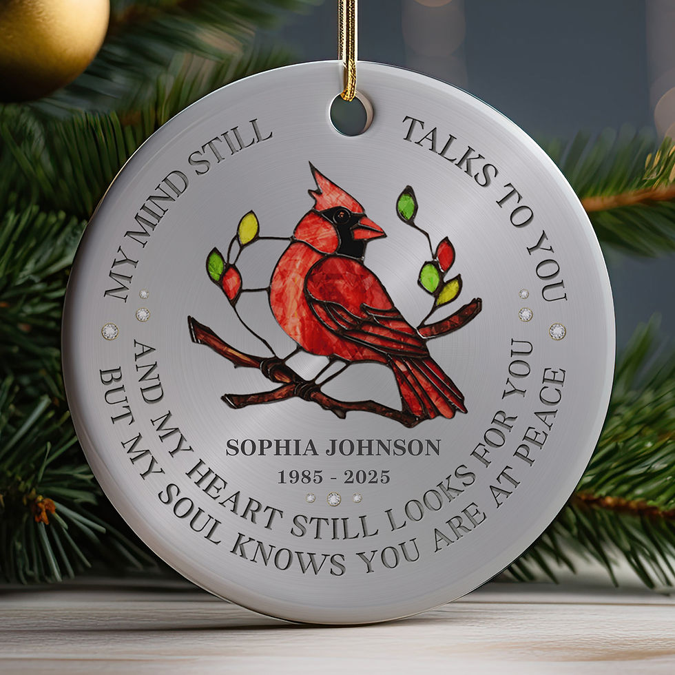 Personalized Memorial Christmas Ornament with Red Cardinal design, featuring the quote "My Mind Still Talks To You" and custo