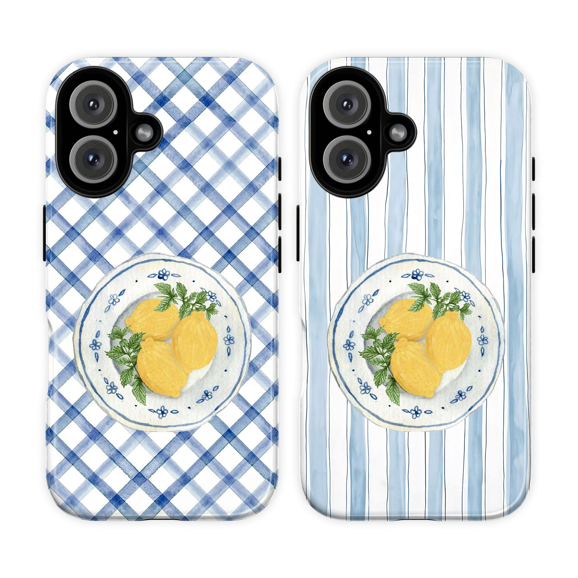 Two variations of a lemon slice phone case featuring citrus fruits and abstract swirls