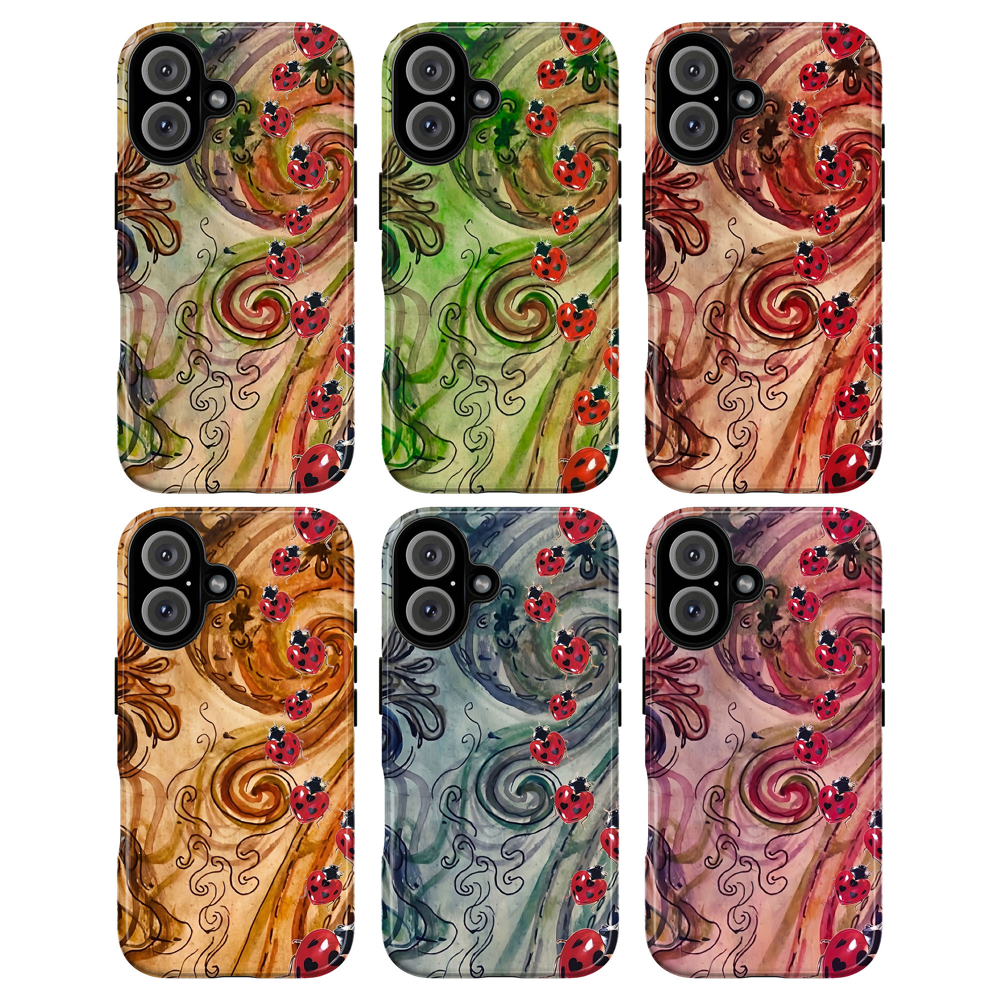 Six variations of a heart-spotted ladybug phone case in green, blue, red, orange, and purple abstract watercolor designs.
