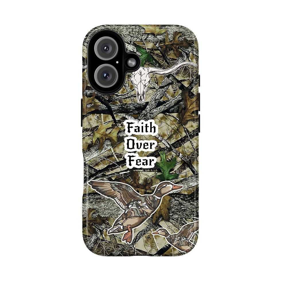 Thumbnail: The "Faith Over Fear" forest camo case with a steer skull icon in a lifestyle setting.