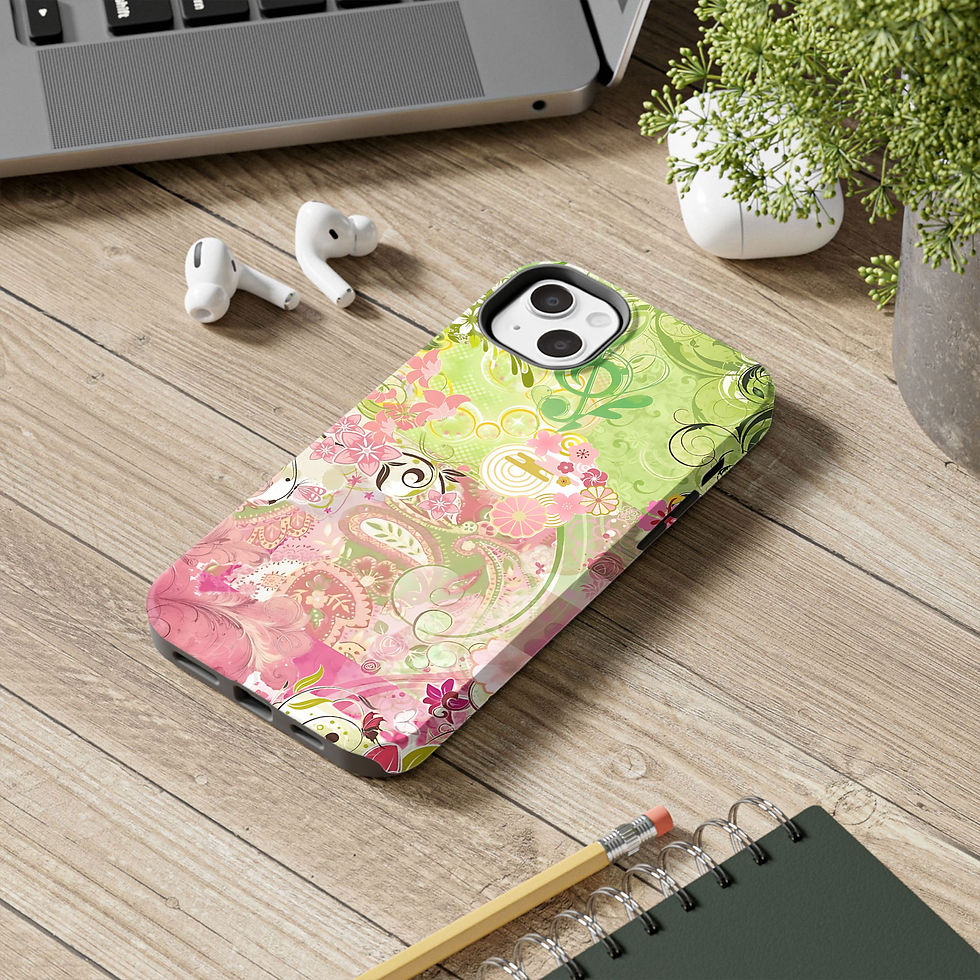 Thumbnail: A vibrant pastel paisley floral phone case featuring a colorful Y2K style scrapbook collage with pink flowers, lime green bac