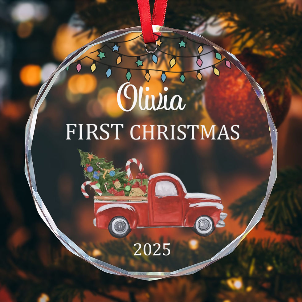 Personalized Baby First Christmas Ornament with red vintage truck and lights - custom name Olivia 2025