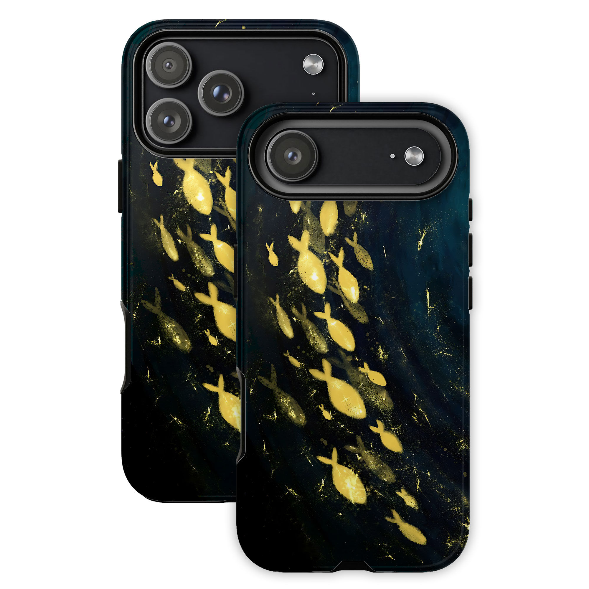 A luxury gold fish ocean phone case featuring an abstract deep blue and black underwater scene with a school of glowing golde