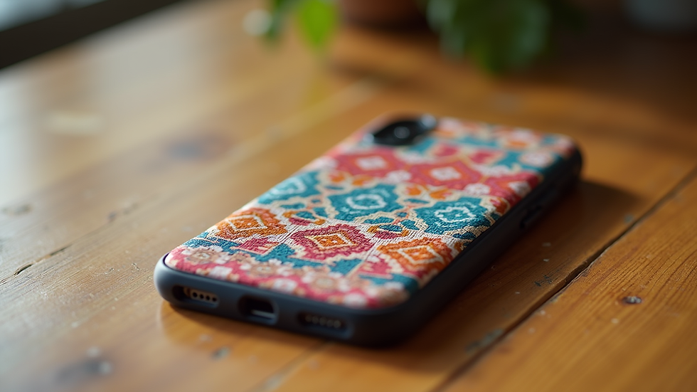 Eye-level view of a colorful patterned phone case on a wooden table