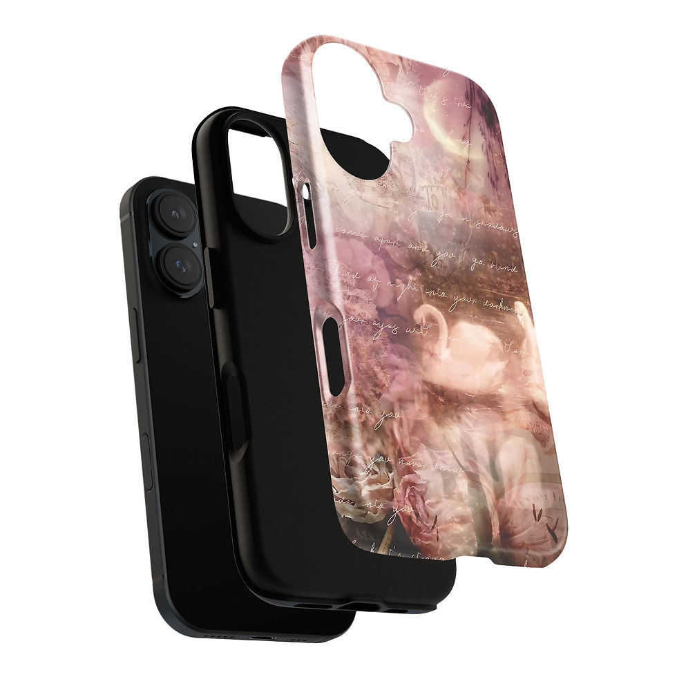 Thumbnail: Romantic pastel coquette phone case in dusty rose featuring two elegant swans floating beneath a vintage script handwriting o