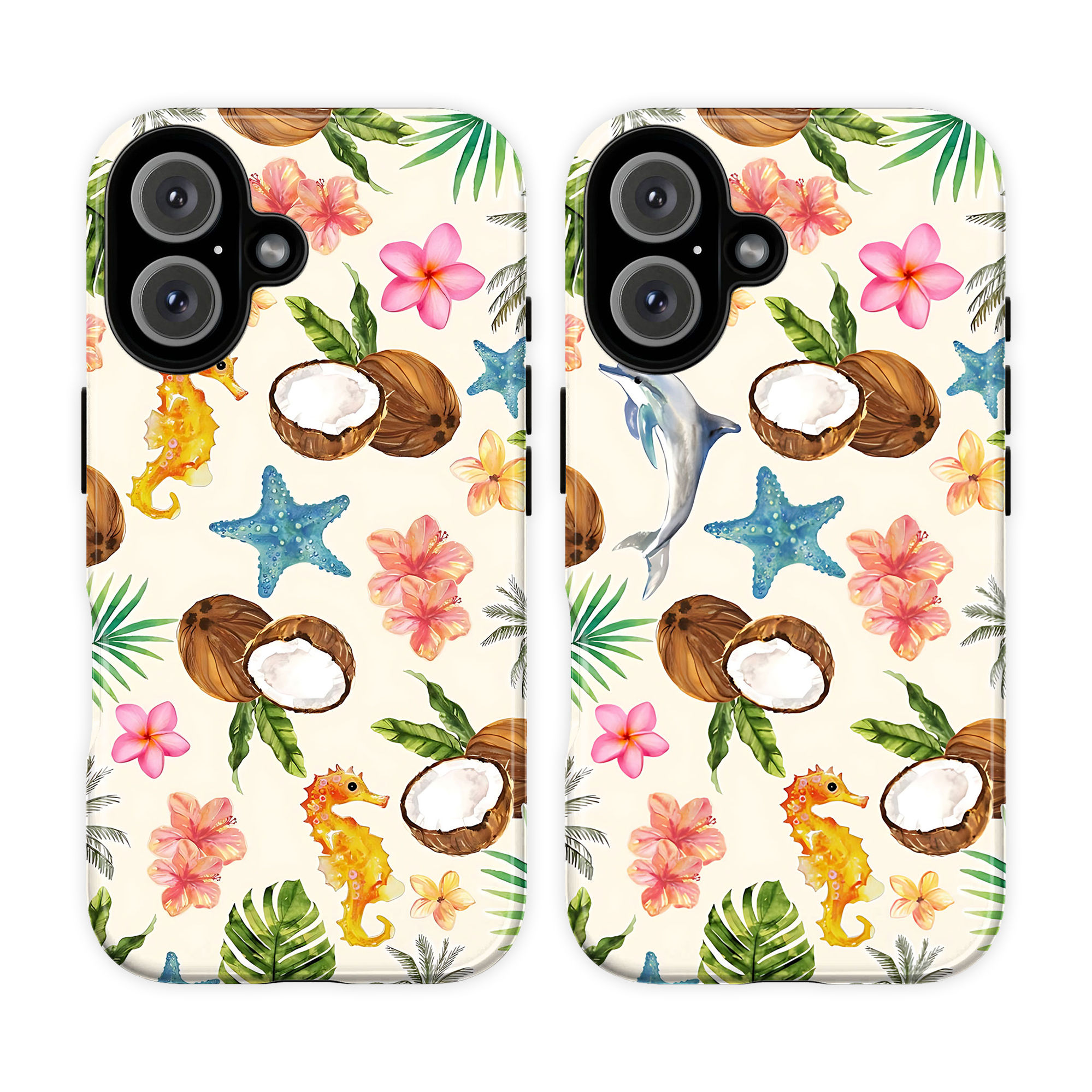 Watercolor tropical pattern phone case with coconuts, pink hibiscus, yellow seahorse, and blue starfish on a cream background