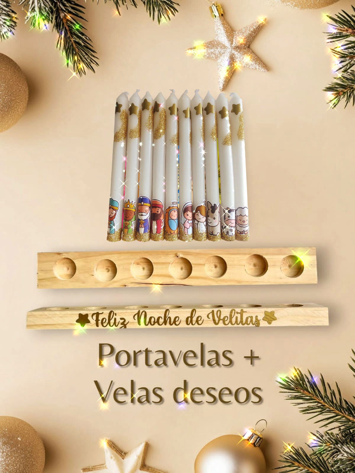 Vista frontal 10 velas navideñas blancas brillantes con portavelas madera en fondo beige