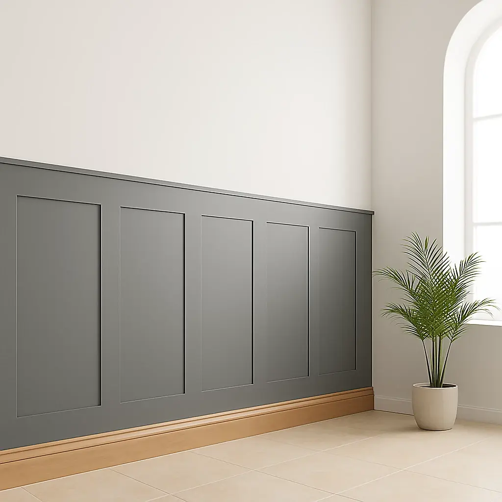 Grey Shaker wall panelling installation in a room.