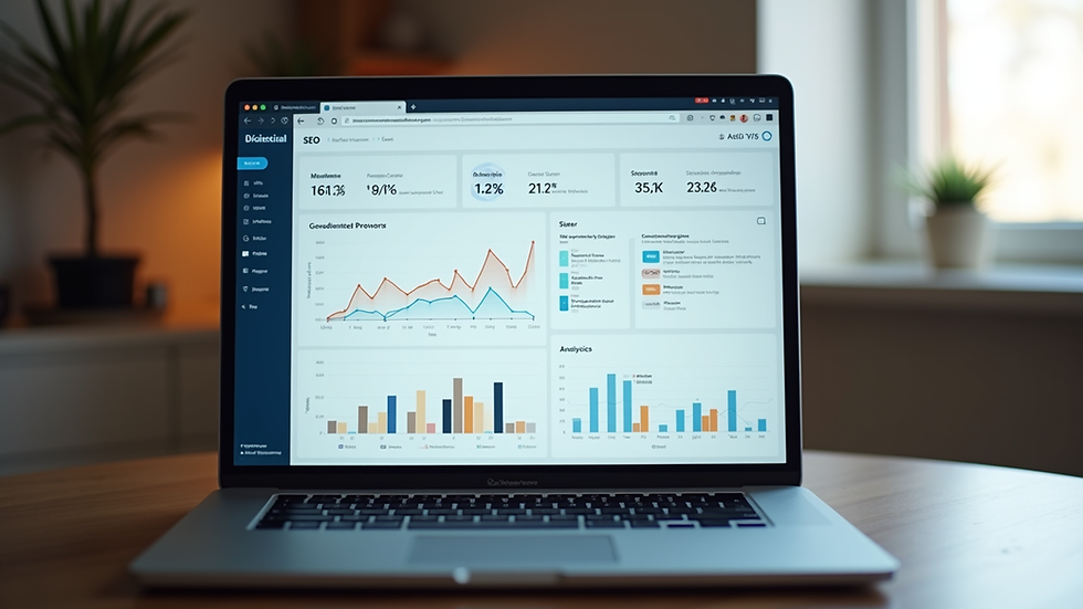 Eye-level view of a laptop screen showing SEO analytics dashboard
